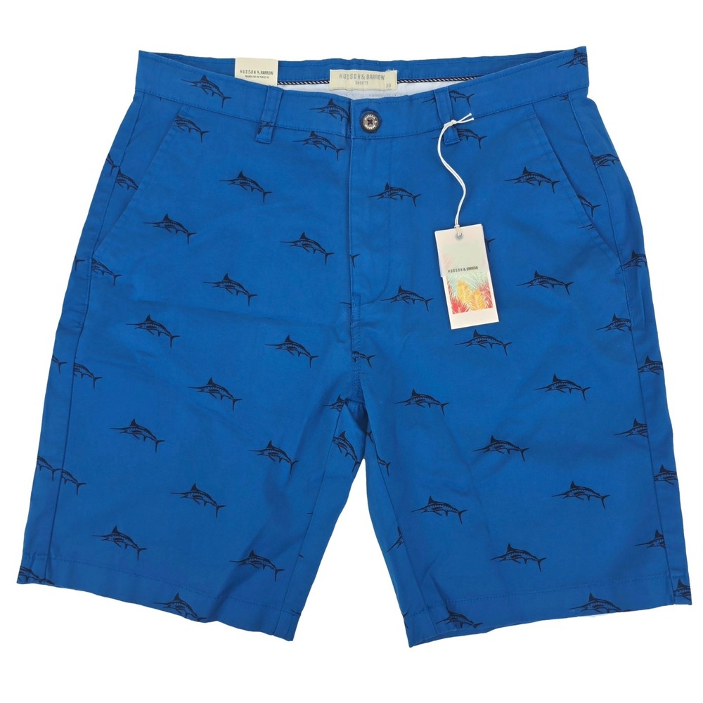 Hudson & Barrow Marlin Fish Print Shorts Mens 33 Coastal Blue Stretch Chino‎ New
